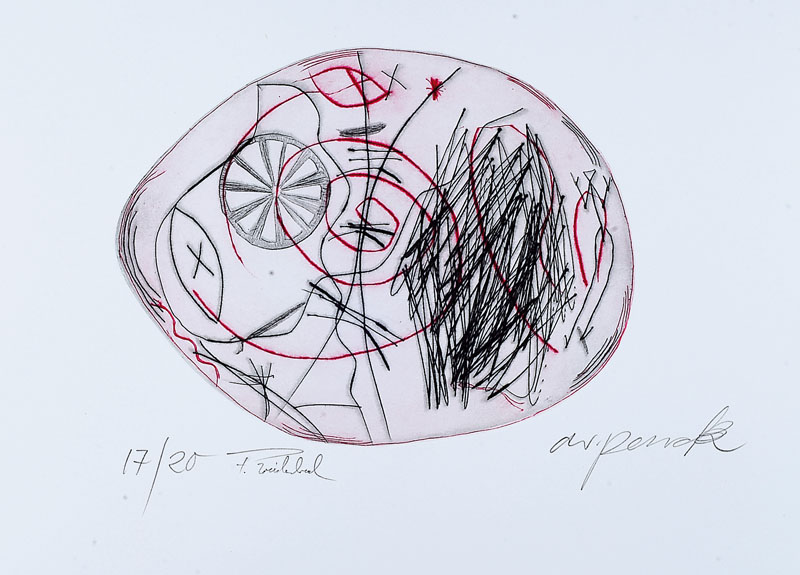 A.R. Penck (geb. 1939) und Frank Breidenbruch (geb. 1963), aus dem Projekt Centro Spirituale-Himmlische Stürzer, Farbradierung auf Bütten, von ...