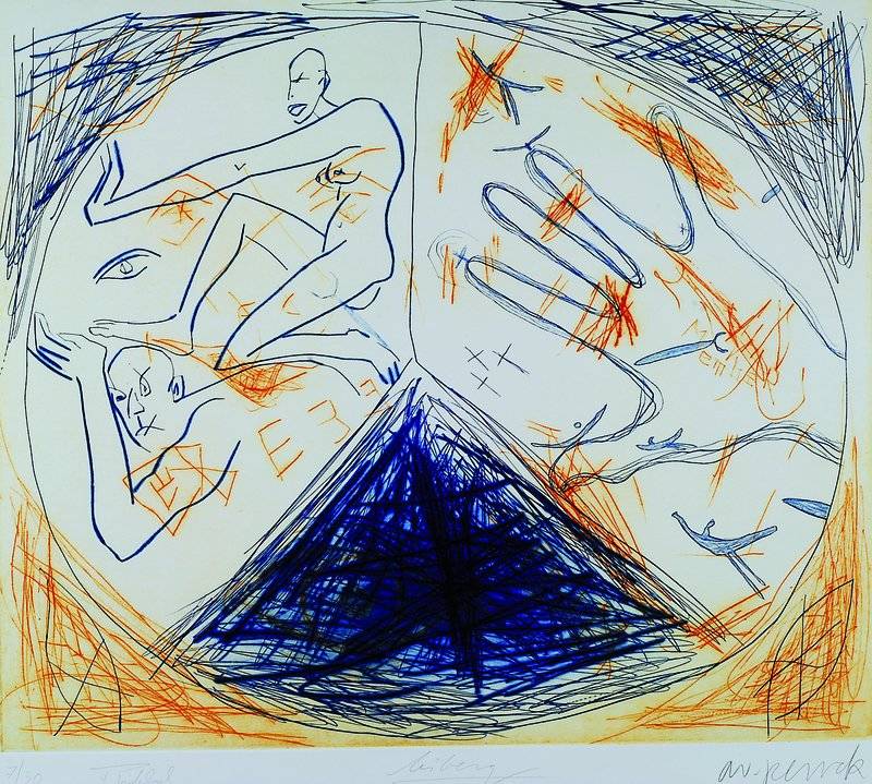 A.R. Penck, Helge Leiberg, Frank Breidenbruch, Farbradierung auf Bütten, zum Projekt Centro Spirituale, von allen drei Künstlern handsigniert, ...