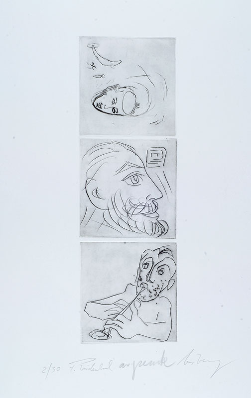 A.R. Penck, Helge Leiberg, Frank Breidenbruch, drei Radierungen auf einem Blatt, von allen drei Künstlern handsigniert, num. 2/30, Motivgröße je ...