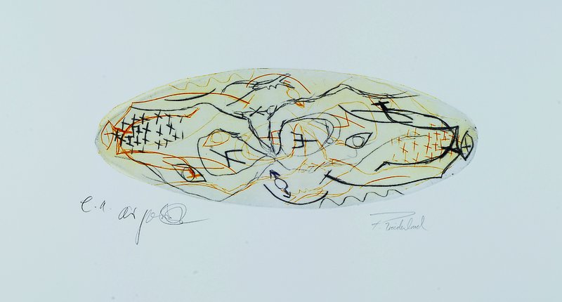 A.R. Penck, Frank Breidenbruch, Farbradierung zum Projekt Centro Spirituale, von beiden handsigniert, bez.: e.a., Motiv ca. 11x29cm, Blattgr. ca. ...