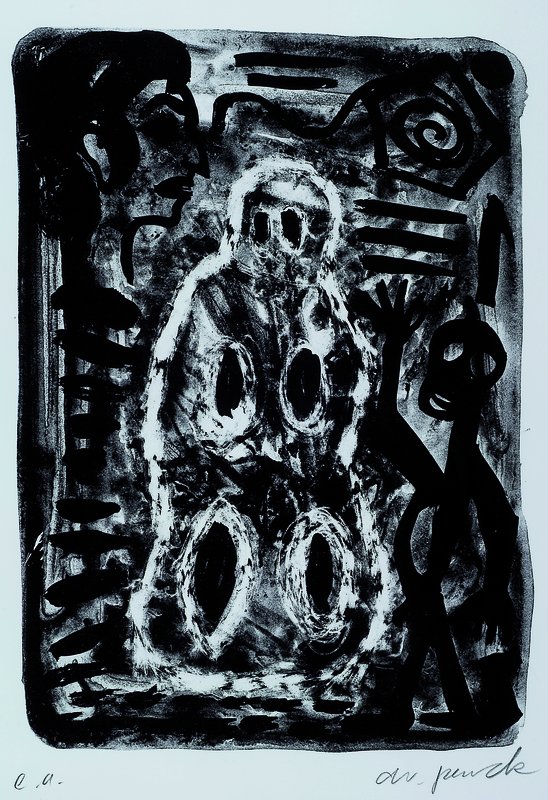 A.R. Penck, geb 1939, Lithographie in schwarz,rechts unten handsigniert, links bez. mit e. a. , ca. 45,5 x 33,5 cm, unter Glas, gerahmt