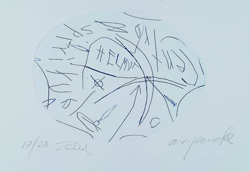 A.R. Penck (geb. 1939) und Frank Breidenbruch (geb. 1963), aus dem Projekt Centro Spirituale-Himmlische Stürzer, Farbradierung auf Bütten, von ...