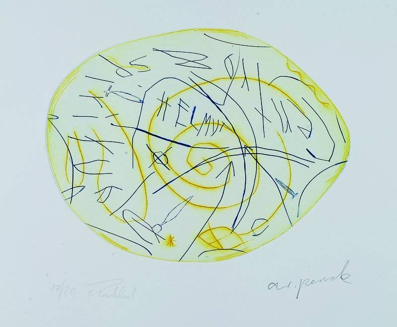 A.R. Penck (geb. 1939) und Frank Breidenbruch (geb. 1963), aus dem Projekt Centro Spirituale-Himmlische Stürzer, Farbradierung auf Bütten, von ...