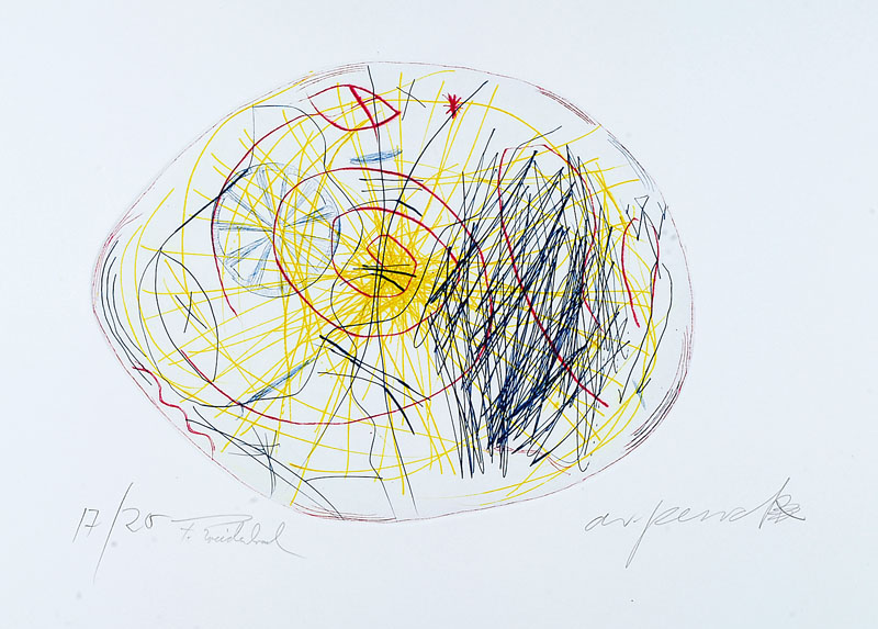 A.R. Penck (geb. 1939) und Frank Breidenbruch (geb. 1963), aus dem Projekt Centro Spirituale-Himmlische Stürzer, Farbradierung auf Bütten, von ...