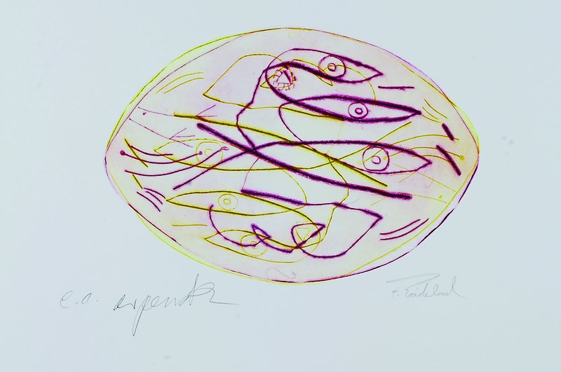 A.R. Penck, Frank Breidenbruch, Farbradierung zum Projekt Centro Spirituale, von beiden handsigniert, bez.: e.a., Motiv ca. 16x23cm, Blattgr. ca. ...
