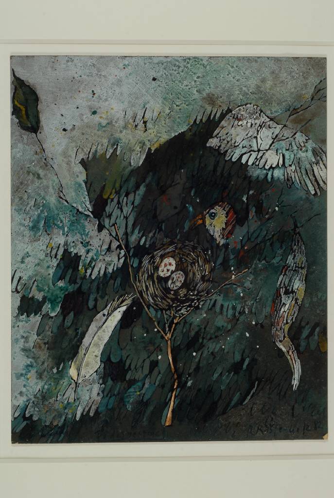 Bernd Kastenholz, geb. 1943, Gouache von 1982, "Federgespräch", signiert, ca. 23x19,5 cm, unter Glas gerahmt