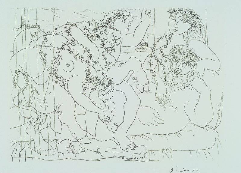 Picasso, Pablo, 1881-1973, Ruhender Bildhauer vor einem Bacchanal mit Stier, Lithographie nach der Auflage Suite Vollard,300 Exempl. auf Velin, ...