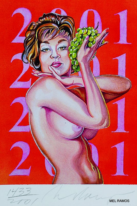 Mel Ramos, geb. 1953 Sacramento, I love women, Sticker aus dem gleichnamigen Buchband, handsigniert und num. 1433/2001, ca. 15x10cm