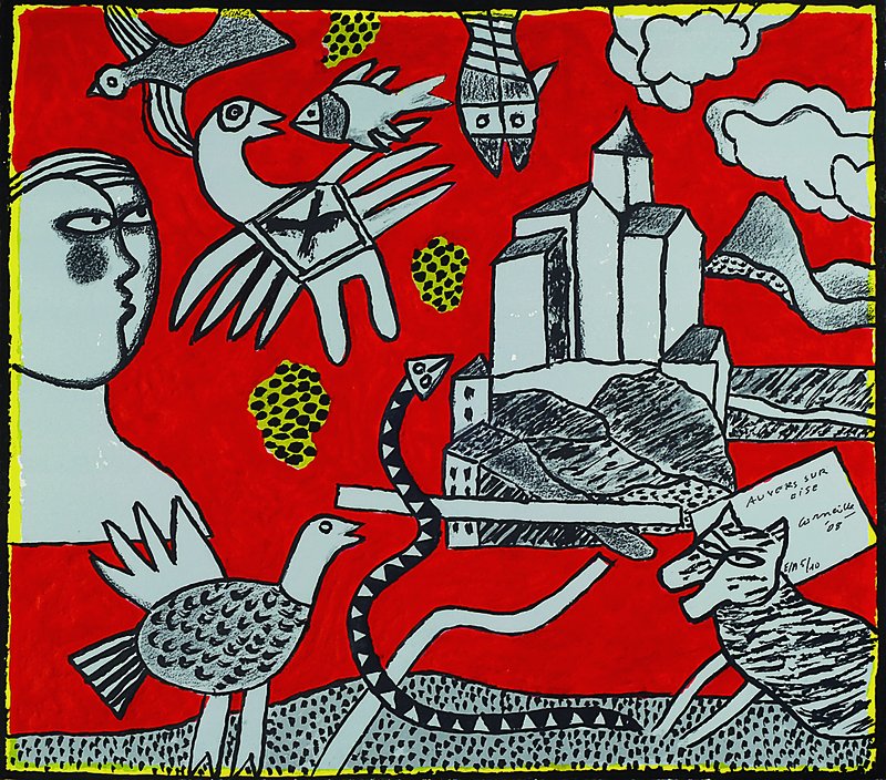 Corneille (Cornelis van Berverloo), 1922-2010, Auvers sur Oise, Farblithographie auf dickem handgeschöpftem Bütten mit Prägedruck, rechts unten ...