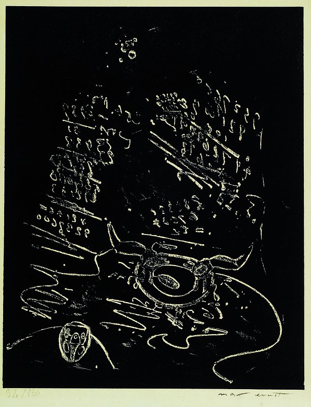 Max Ernst, 1891-1976, Lithographie, rechts unten handsigniert, num. 94/130, Lichtrand, alte Klebespuren außerhalb der Darstellung, ca. 22x28 cm