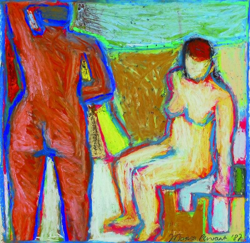 Maria Penraat, geb. 1949, Nues dans un Paysage (Paraditerrestre), Pastell, ca. 53 x 38 cm, signiert und dat. 87, unter Glas, Rahmen