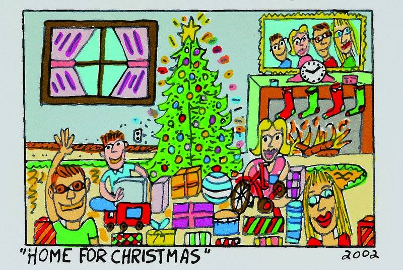 James, Rizzi, 1950-2011, "Home for christmas", Farblithografie von 2002 auf Bütten, Blattgröße ca. 14,5 x 12 cm, Motivgröße ca. 7,5 x ...