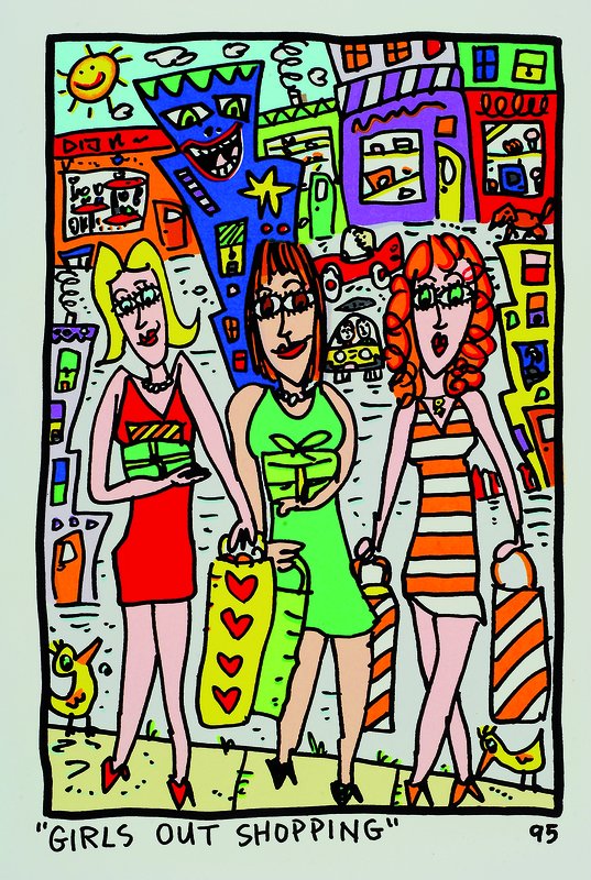 James, Rizzi, 1950-2011, "Girls out shopping", Farblithografie von 1995 auf Bütten, Blattgröße ca. 35,5 x 24,5 cm, Motivgröße ca. 26 x ...