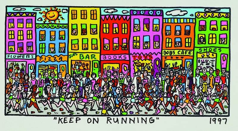 James, Rizzi, 1950-2011, "Keep on run Farblithografie von 1997 auf Bütten, Blattgröße ca. 35 x 23 cm, Motivgröße ca. 28 x 15 cm