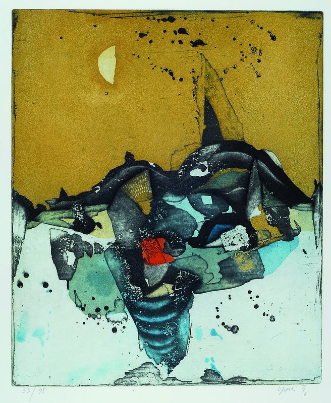 Yoshi Takahashi, 1943-1998, Schwarze Berge, Lithographie in vier Farben von 1985, 33/95, rechts unten signiert, ca. 40x33 cm, unter Glas gerahmt