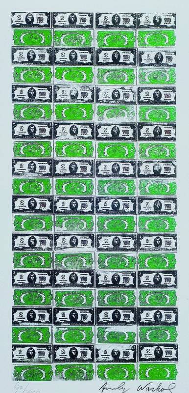Andy Warhol, 1928-1987, Dollars, Farbsiebdruck, signiert und nummeriert 672/2400, ca. 16 x 35 cm, rückseitig gestempelt sfmoma