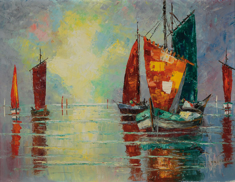 Unbekannter Maler der 1960er Jahre, Fischerboote im Abendlicht, Öl/Lwd, rechts unten unleserlich signiert, ca. 60x80 cm, Rahmen