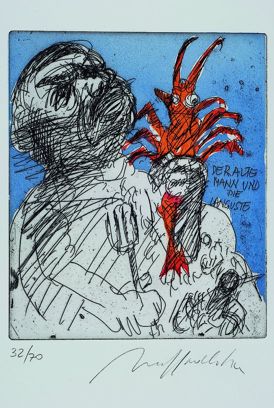 Alfred Hrdlicka 1928-2009, 2 Radierungen, Strapsmaus a la Picasso,rechts unten signiert,54/70, ca. 20x16, Der raue Mann und die Languste, rechts ...