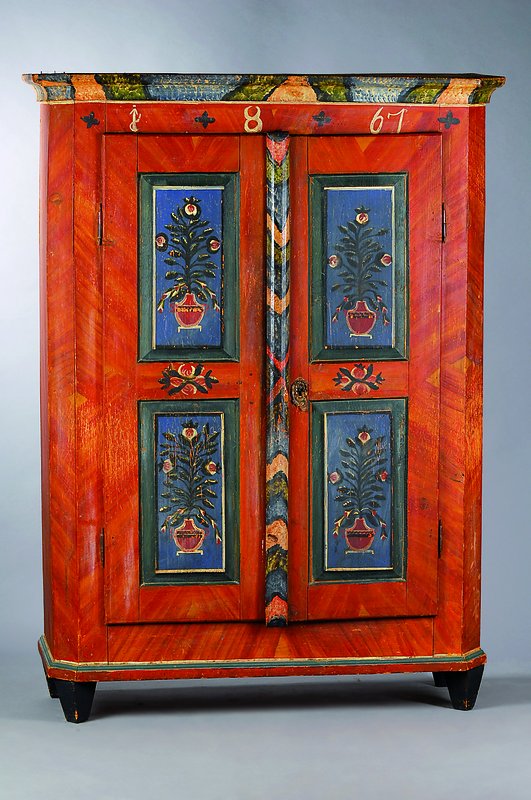 Bauernschrank, datiert 1861, Weichholz, bunt bemalt, 2-türig, nicht zerlegbar, Alterssch.,Holz teils besch., schwundrissig, Überholung empf., ca. ...