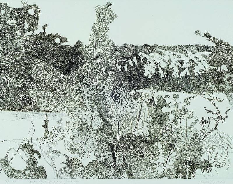 Anthony Gross, 1905-1984, "Landscape with praying mantis (Gottesanbeterin)", Radierung, signiert, nummeriert 167/250, ca. 34,5 x 45 cm