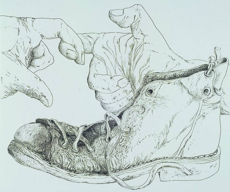 Günter Grass, geb. 1927," Bayrischer Schuh" zwei Hände und Stiefel, Radierung, signiert '74, nummeriert 2/250, ca. 32,5 x 39 cm