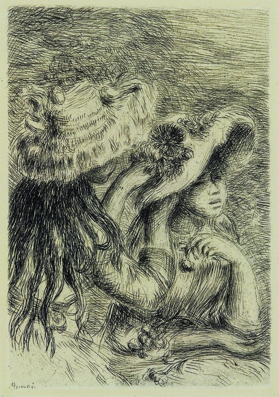 Auguste Renoir, 1841-1919, zwei Mädchen sich die Hüte richtend, Radierung, links unten in der Platte signiert, ca. 11x8cm, unter Glas, Rahmen