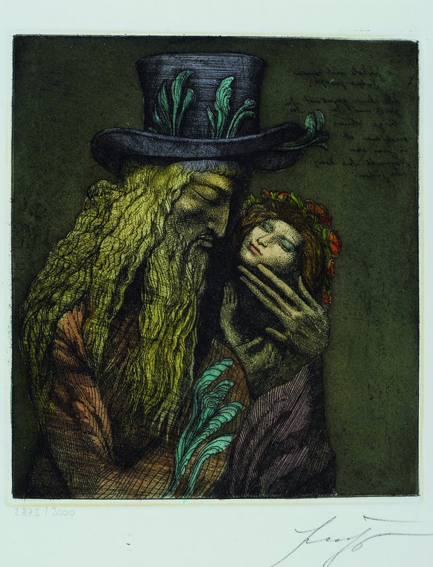 Prof. Ernst Fuchs, geb. 1930 Wien, Farbradierung, handsigniert und num. 2873/ 3000, ca. 18x16cm, unter Glas, Rahmen