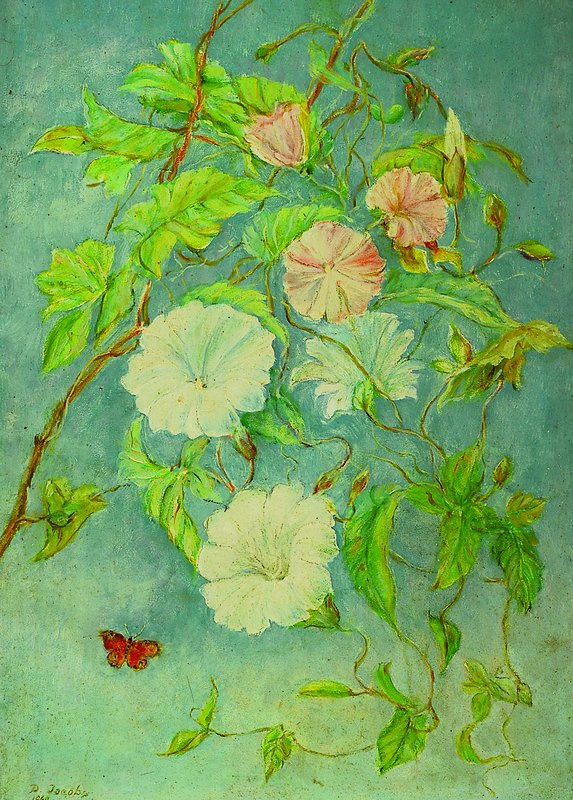 Dieudonné Jacobs, 1887-1967, Stillleben mit Wicken und Schmetterling, Öl/Hartfaser, links unten signiert und datiert 1960, ca. 68x49 cm,Rahmen