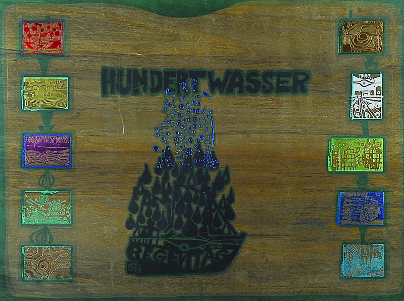 Hundertwasser, Friedensreich, 1928-2000, Holzkassette der Regentagmappe, orig. Holzkassette für 10 Portfolios, Look at it on a rainy day von ...