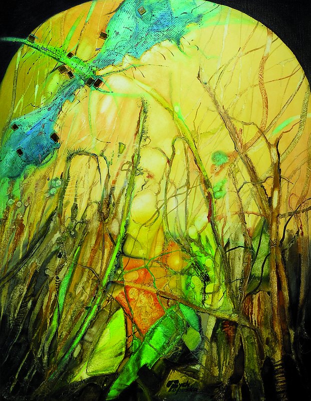 E.Poposka, abstrakte Komposition, mittig signiert, Mischtechnik, aufwendiger Rahmen, ca. 92x72 cm