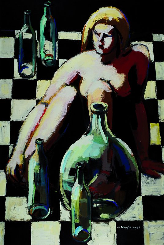 Karl Hufnagel, Harthausen/Pfalz 1906- 1995 Speyer, Mädchen umgeben von Flaschen, Öl/Hartfaser, ca. 114,5x79 cm, Rahmen