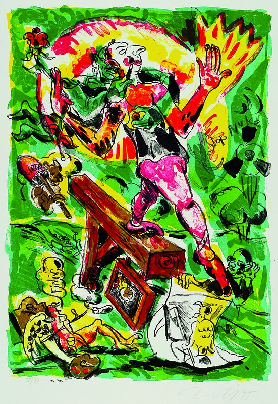 Jörg Immendorff, 1945-2007, Lithographie, Artisten, 78/99, handsigniert und dat. 95, grüner Hintergrund, Bühnenbild zu "The rakes ...