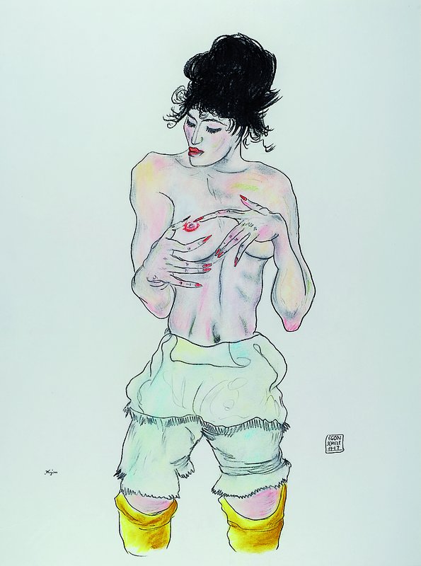 Konrad Kujau, 1938-2000, Weiblicher Halbakt, Bleistift und Buntstift nach Egon Schiele, links unten signiert, Blattgröße ca. 80x60cm, unter Glas, ...