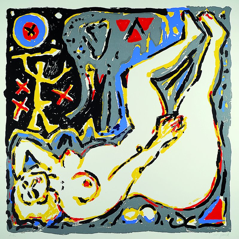 A.R. Penck, geb. 1939 Dresden, Der graue Elefant, die Diva und der Krieger, eine Eifersuchtsgeschichte, Serigraphie, rechts unten signiert, ...