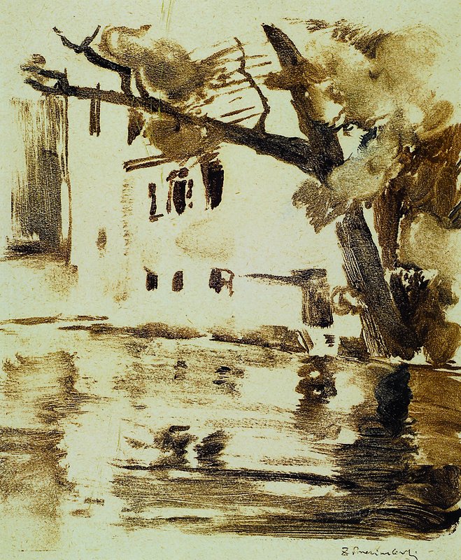 Zdzislaw Przebindowski, 1902-1986, Bydgoska Wenecja (Bromberger Venedig), Monotypie, rechts unten signiert, ca. 25x21 cm, unter Glas, Rahmen