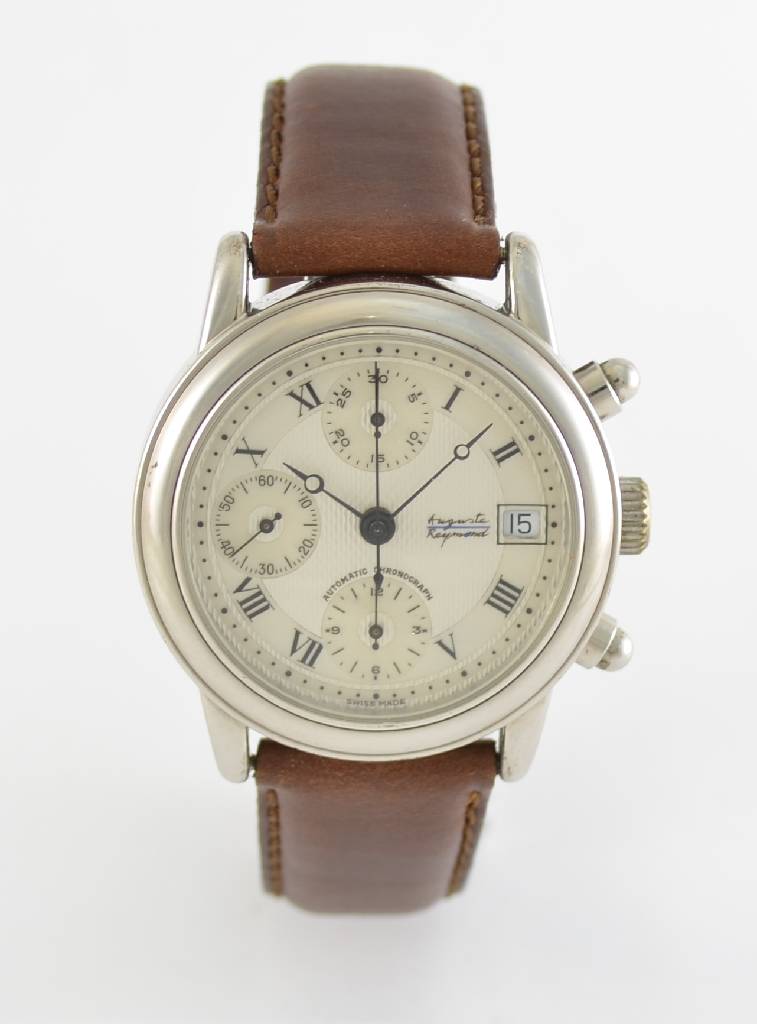AUGUSTE REYMOND Automatik-Chronograph, Schweiz um 1990, 2-teiliges Stahlgeh. mit Glasboden, gedr., runde Drücker, vers. Strukturziff. mit röm. ...