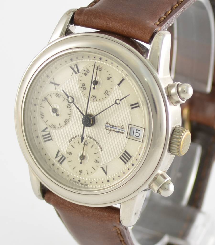 Detail a: AUGUSTE REYMOND Automatik-Chronograph, Schweiz um 1990, 2-teiliges Stahlgeh. mit Glasboden, gedr., runde Drücker, vers. Strukturziff. mit röm. ...