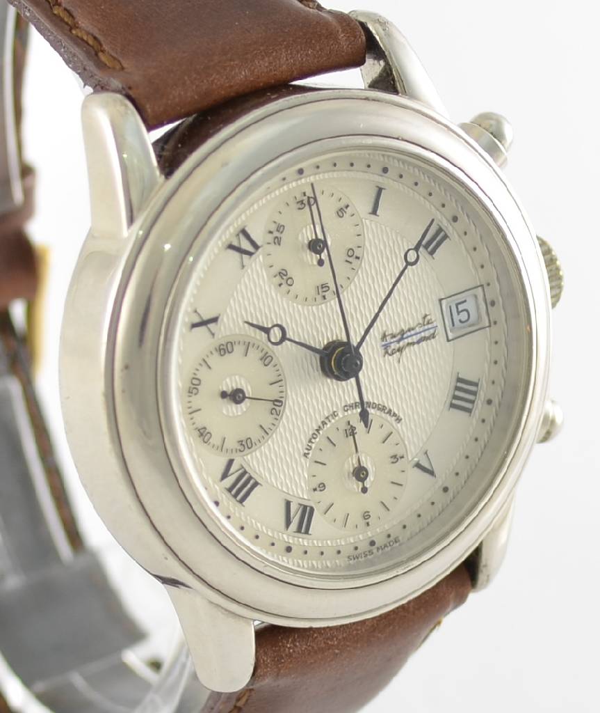 Detail b: AUGUSTE REYMOND Automatik-Chronograph, Schweiz um 1990, 2-teiliges Stahlgeh. mit Glasboden, gedr., runde Drücker, vers. Strukturziff. mit röm. ...