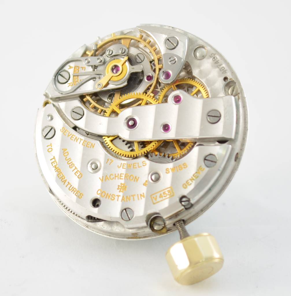 VACHERON CONSTANTIN Uhrwerk Kal. 453, Schweiz um 1950, hochfeines 12 1/2 lig. rhod. Ankerwerk mit Genfer Streifen, Feinregulage, Gluc.-Unruh, ...
