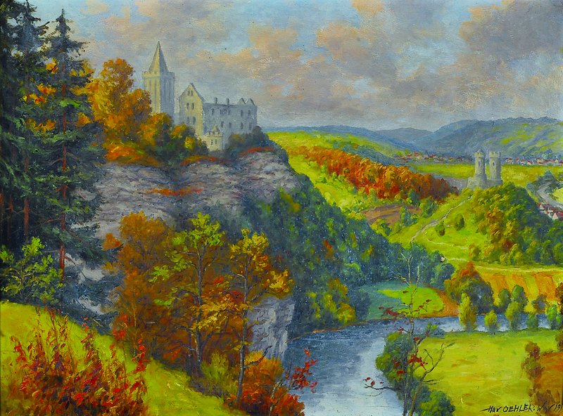 Max Oehler, 1881 Eisenach-1943 Weimar, Herbst an der Rudelsburg-Saale, rückseitig so betitelt u. datiert 1938, Öl/Malkarton, rechts unten signiert ...