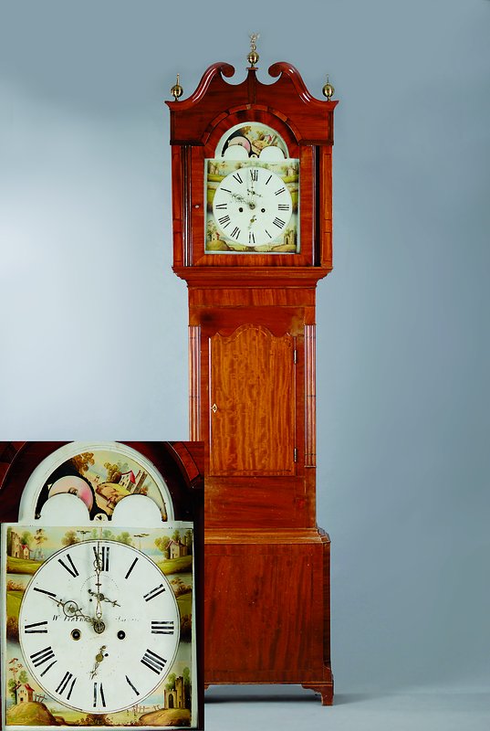 Standuhr, England um 1840, Holzgehäuse mit Bandintarsien, Messingbekrönungen sek., bemaltes Bogenzifferblatt mit Mondphase/u. Datumsanzeige ...