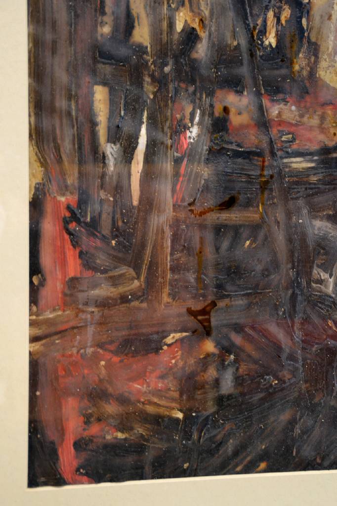 Detail b: Andreas Baader, Raumstudio I, Mischtechnik in braun, rot und weiß, rückseitig signiert, Auflage 69/189, Passepartout, ca. 50x69 cm, unter Glas, ...