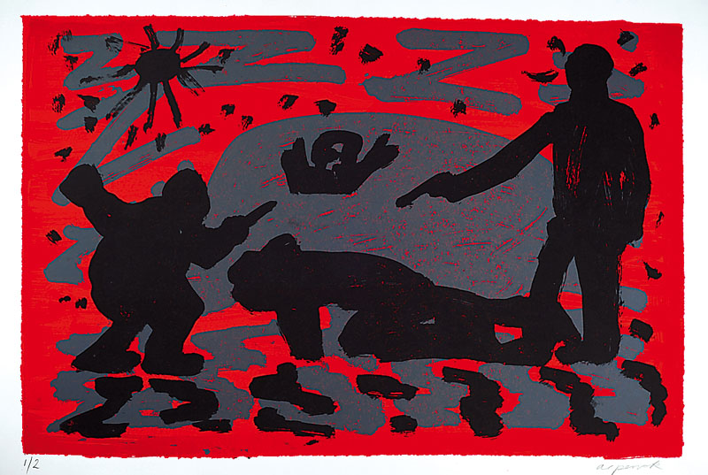 A.R. Penck, geb. 1939 Dresden, Farblithographie, Darstellung einer Mordszene,handsigniert und num. 1/2, ca. 100x70 cm