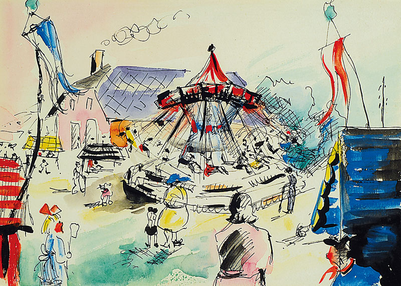 Traudel Meischke, Offenbach, zwei Arbeiten aus dem Nachlass: Karussell, Aquarell und Feder, ca. 20x28,5 cm, PP, unter Glas gerahmt,Kind, ...