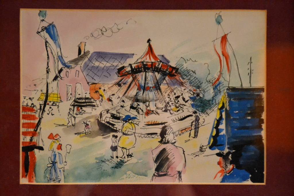 Detail a: Traudel Meischke, Offenbach, zwei Arbeiten aus dem Nachlass: Karussell, Aquarell und Feder, ca. 20x28,5 cm, PP, unter Glas gerahmt,Kind, ...