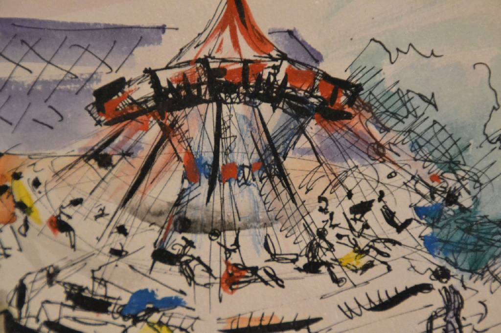 Detail b: Traudel Meischke, Offenbach, zwei Arbeiten aus dem Nachlass: Karussell, Aquarell und Feder, ca. 20x28,5 cm, PP, unter Glas gerahmt,Kind, ...