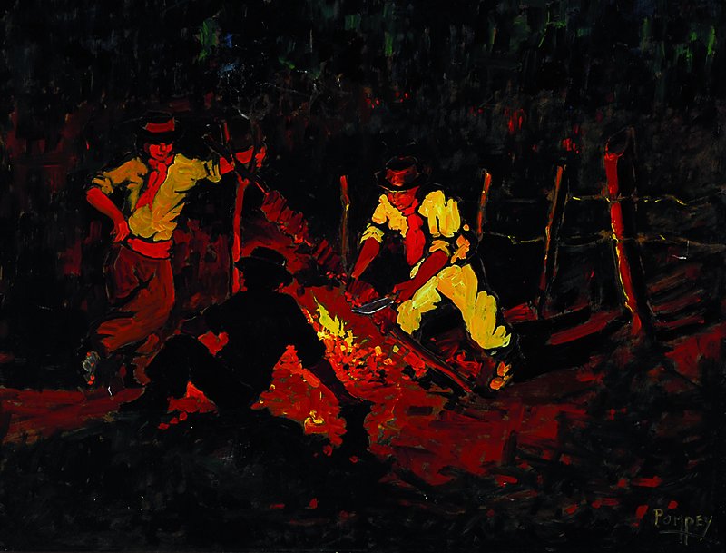 Francisco Pompey Y Salgueiro, 1887-1974, Asado nocturno, rückseitig so betitelt, Männer am Lagerfeuer, Öl/Hartfaser, rechts unten signiert, ca. ...