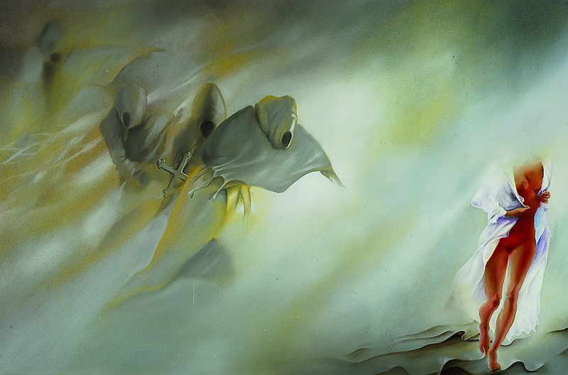 Wolfgang Blanke, geb. 1948 Münster, Die Mission, rückseitig so betitelt, Öl/ Hartfaser, ca. 60x90 cm, Rahmen