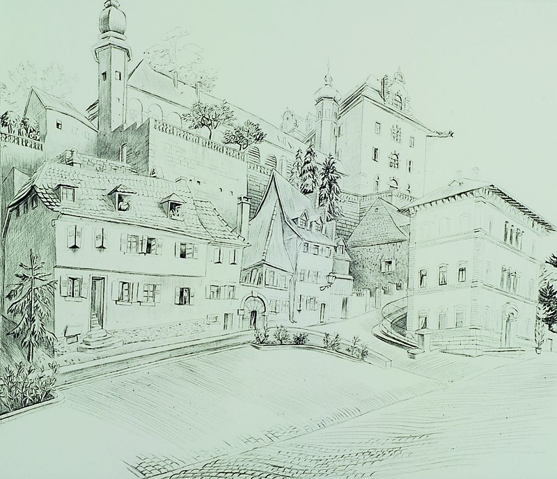 Karl Hubbuch, 1891-1979, Das Schloß in Baden-Baden, Radierung, rechts unten handsigniert (stark verblasst), ca. 26x30 cm, unter Glas, Rahmen