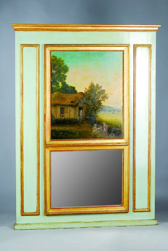 Trumeau, um 1900, Rahmen Weichholz, grün undgoldfarben gefasst, Gemälde um 1830, Öl/Holz, "Bauernhaus am See", nach holländischem ...